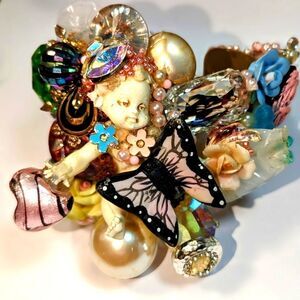 Wendy Gell Cherub cuff, butterfly, Swarovski jewels, flowers